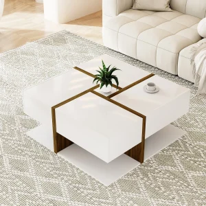 Gelakte salontafel met 4 lades, uniek design met contrasterende lijnen en kleuren, MDF, wit en hout, (78x78x34,8 cm) Gelakte salontafel met 4 lades, uniek design met contrasterende lijnen en kleuren, MDF, wit en hout, (78x78x34,8 cm)
