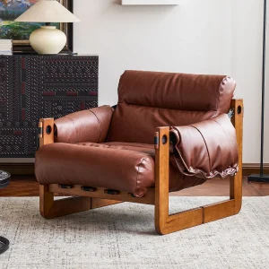 Fauteuil met armleuningen en massief houten poten, loungefauteuil van PU-leer, vintage leesstoel, relaxstoel voor woonkamer en slaapkamer, bruin Fauteuil met armleuningen en massief houten poten, loungefauteuil van PU-leer, vintage leesstoel, relaxstoel voor woonkamer en slaapkamer, bruin