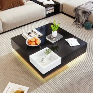 Gelakte salontafel, tafel met uitneembare opbergdoos, wit en zwart, MDF, (72x72x30 cm), met LED-lichteffect Gelakte salontafel, tafel met uitneembare opbergdoos, wit en zwart, MDF, (72x72x30 cm), met LED-lichteffect