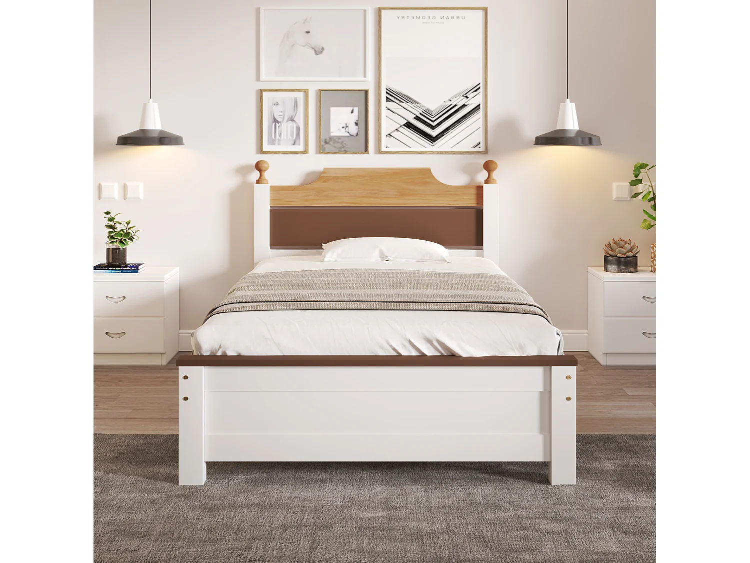 Eenpersoonsbed van hout, grenen, centrale poot, MDF hoofdbord, kleurblok, wit, 90x200cm