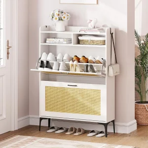 Dripex Schoenenkast met Rotan Decoratie, met 2 Klapbare Laden en Metalen Pootjes voor Entree, Hal, Woonkamer (Rotan Wit, 24 x 80 x 114 cm)