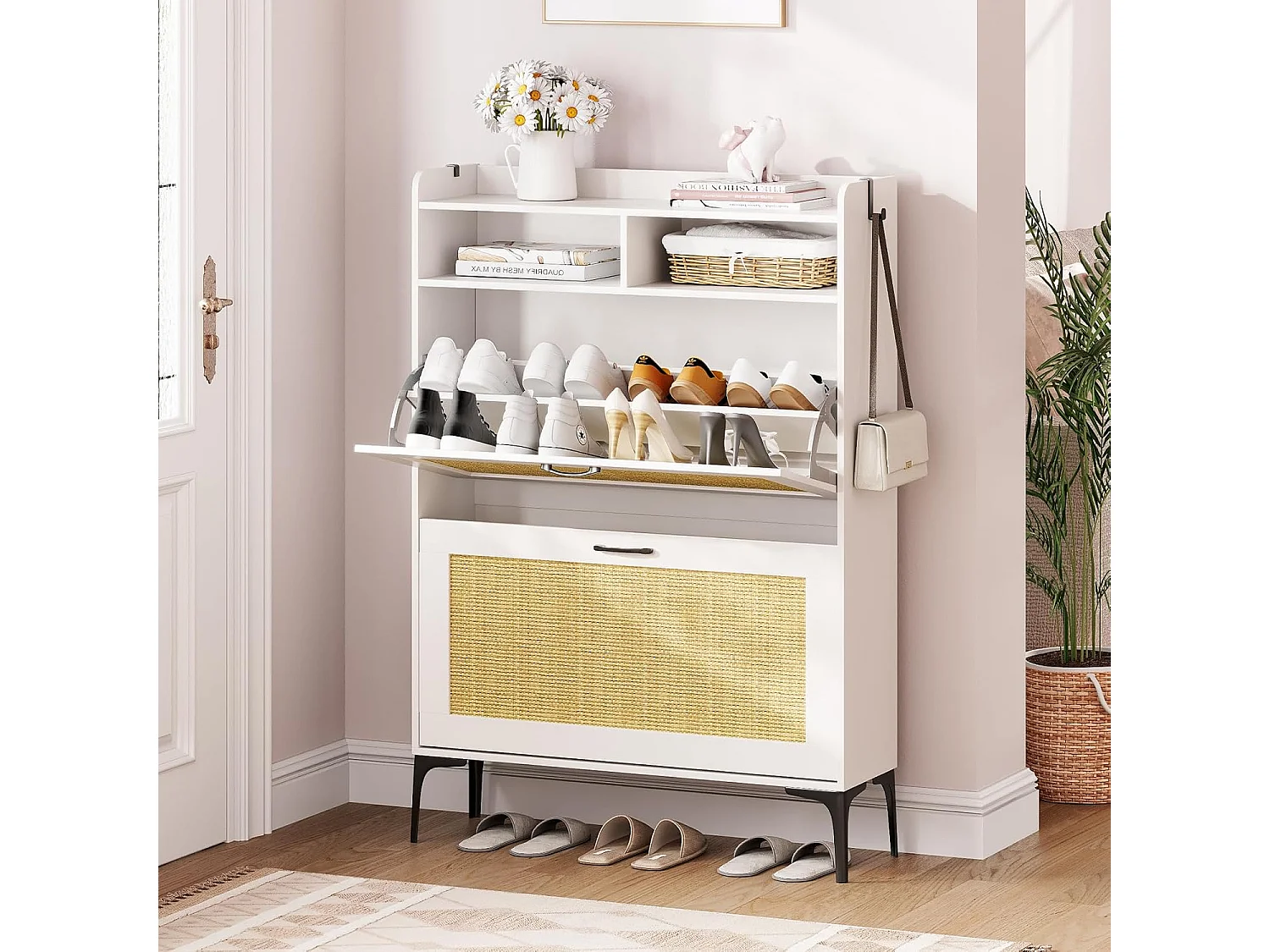 Dripex Schoenenkast met Rotan Decoratie, met 2 Klapbare Laden en Metalen Pootjes voor Entree, Hal, Woonkamer (Rotan Wit, 24 x 80 x 114 cm)
