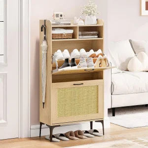 Dripex Schoenenkast met Rotan Decoratie, met 2 Klapbare Laden en Metalen Pootjes voor Entree, Hal, Woonkamer, 24 x 60 x 114 cm