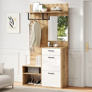 Garderobekast 100x38x190 cm wit spiegel bank schoenenlade opbergkasten