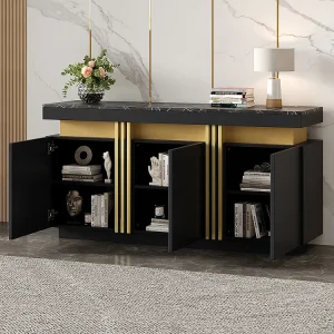 Dressoir 140x38x70 cm zwart modern 3 deuren verstelbare schotten goudkleurig zonder handgrepen Dressoir 140x38x70 cm zwart modern 3 deuren verstelbare schotten goudkleurig zonder handgrepen