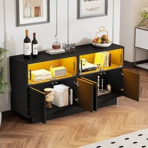 Dressoir 130x35x68 cm 2 kasten 4 compartimenten glazen deuren LED opbergruimte voor de woonkamer Dressoir 130x35x68 cm 2 kasten 4 compartimenten glazen deuren LED opbergruimte voor de woonkamer