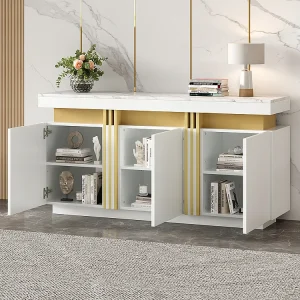 Dressoir 140x38x70 cm wit modern 3 deuren verstelbare schotten platina zonder handgrepen Dressoir 140x38x70 cm wit modern 3 deuren verstelbare schotten platina zonder handgrepen