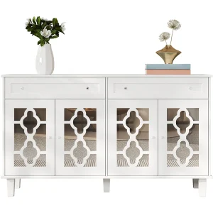 Dressoir met 4 spiegeldeuren, lades en verstelbare planken, MDF, wit (140x40x83cm) Dressoir met 4 spiegeldeuren, lades en verstelbare planken, MDF, wit (140x40x83cm)