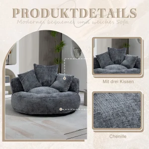 Duurzame luie bank met hoge rugleuning, 3 kussens, grijze chenille, voor binnen- en buitengebruik (108x108x52cm)