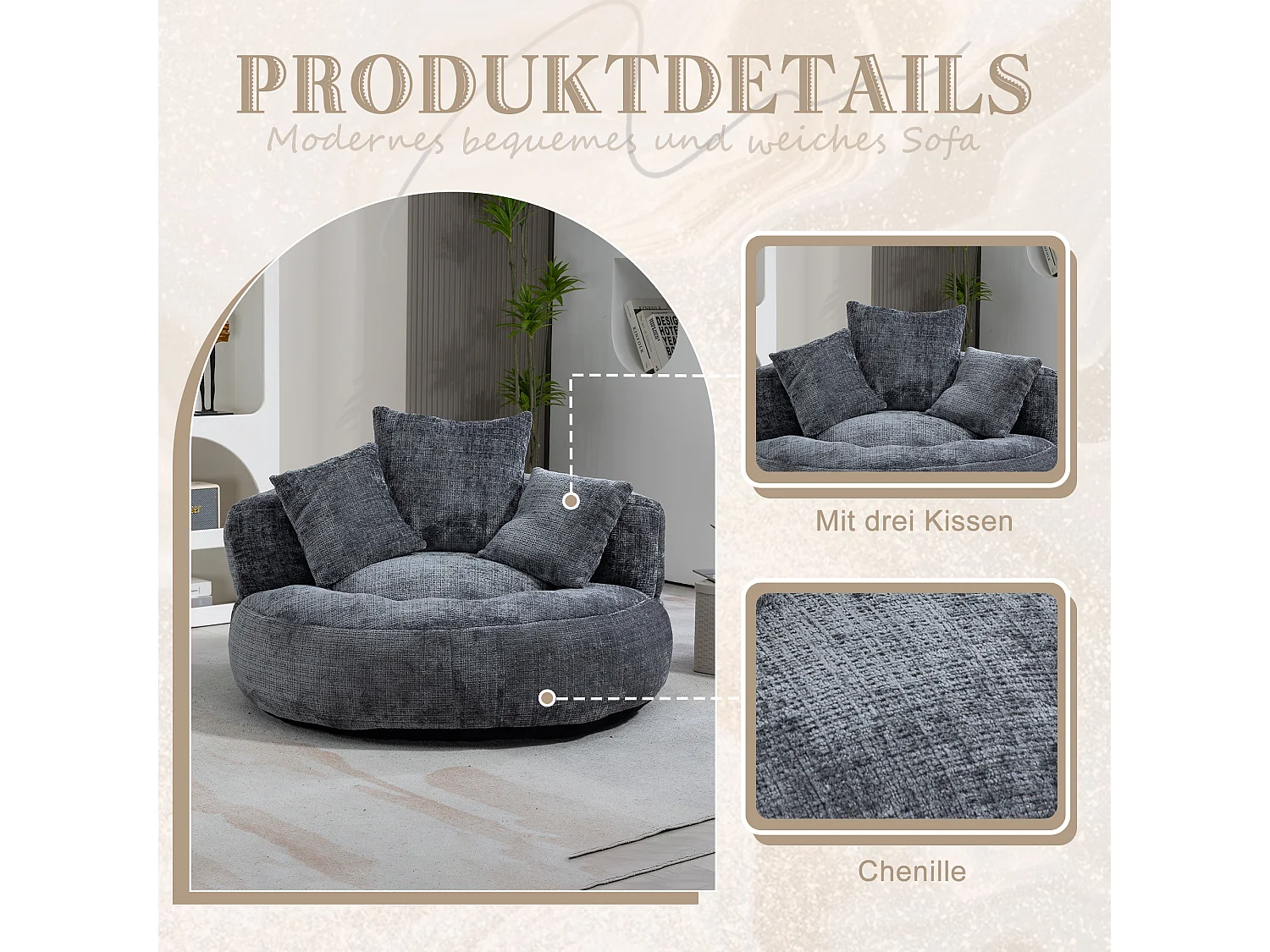 Duurzame luie bank met hoge rugleuning, 3 kussens, grijze chenille, voor binnen- en buitengebruik (108x108x52cm)