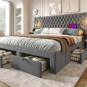 Fluwelen bed voor volwassenen 180×200 cm – met 2 nachtkastjes en 4 laden – 2 leeslampjes met USB-aansluiting – Grijs (matras niet inbegrepen) Fluwelen bed voor volwassenen 180×200 cm – met 2 nachtkastjes en 4 laden – 2 leeslampjes met USB-aansluiting – Grijs (matras niet inbegrepen)