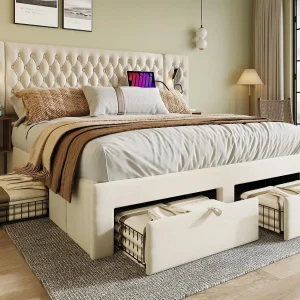 Fluwelen bed voor volwassenen 180×200 cm – met 2 nachtkastjes en 4 laden – 2 leeslampjes met USB-aansluiting – Beige (matras niet inbegrepen) Fluwelen bed voor volwassenen 180×200 cm – met 2 nachtkastjes en 4 laden – 2 leeslampjes met USB-aansluiting – Beige (matras niet inbegrepen)