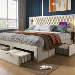 Fluwelen bed voor volwassenen 160×200 cm – met 2 nachtkastjes en 4 laden – 2 leeslampjes met USB-aansluiting – Beige (matras niet inbegrepen) Fluwelen bed voor volwassenen 160×200 cm – met 2 nachtkastjes en 4 laden – 2 leeslampjes met USB-aansluiting – Beige (matras niet inbegrepen)