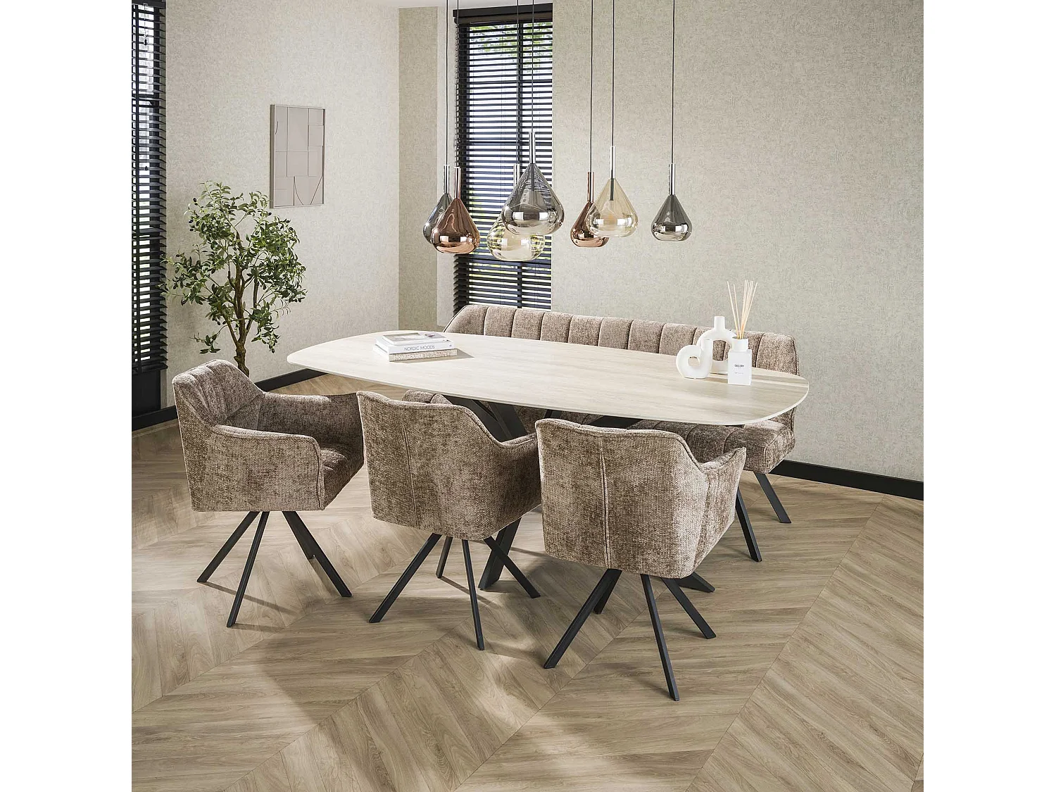 Eetkamertafel 215 Deens Ovaal Romano - Travertin 3D Keramiek