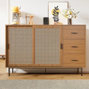 Dressoir in landelijke stijl – 140 x 37 x 91 cm – met 2 schuifdeuren + 3 laden – spaanplaat – naturel Dressoir in landelijke stijl – 140 x 37 x 91 cm – met 2 schuifdeuren + 3 laden – spaanplaat – naturel