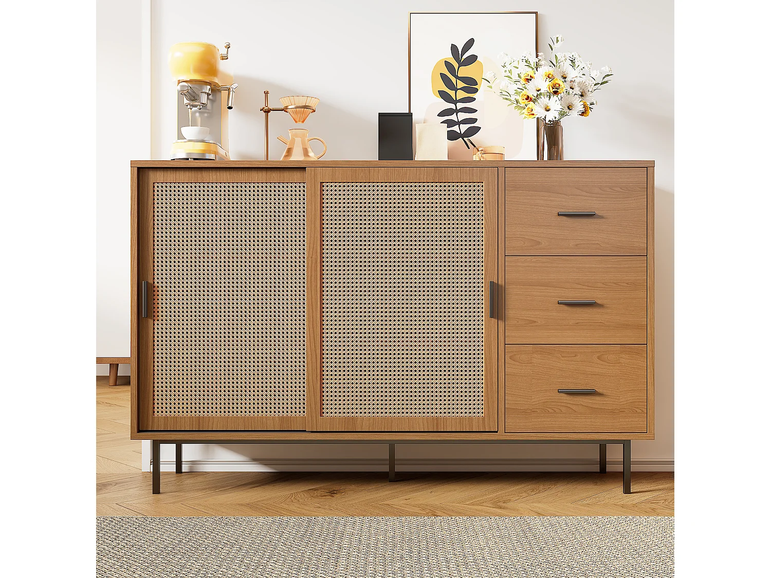 Dressoir in landelijke stijl - 140 x 37 x 91 cm - met 2 schuifdeuren + 3 laden - spaanplaat - naturel