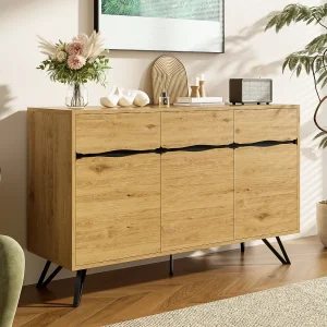 Dressoir met 3 deuren – 140 x 40 x 75,5 cm – voor woonkamer en eetkamer – spaanplaat – naturel Dressoir met 3 deuren – 140 x 40 x 75,5 cm – voor woonkamer en eetkamer – spaanplaat – naturel
