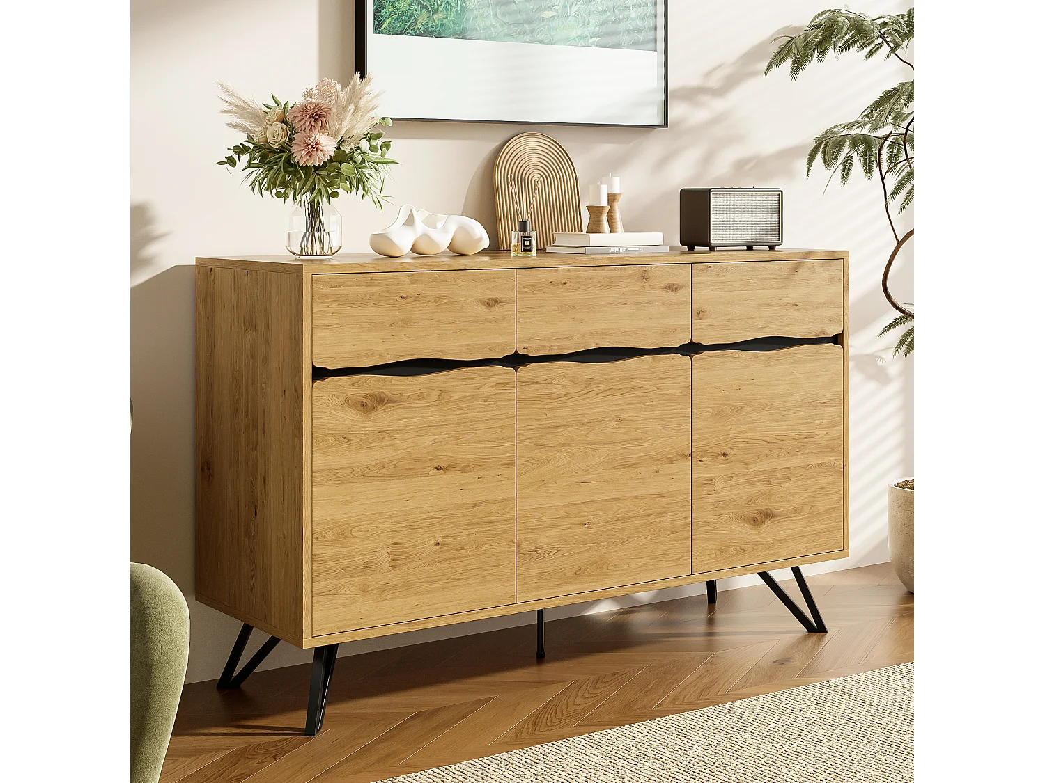 Dressoir met 3 deuren - 140 x 40 x 75,5 cm - voor woonkamer en eetkamer - spaanplaat - naturel