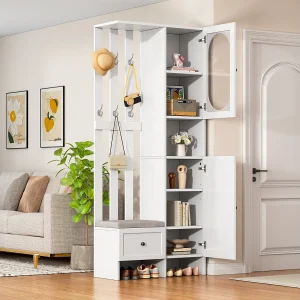 Garderobekast met 2 kledingkasten – 85 x 33,5 x 200 cm – garderobeset + schoenenbank – spaanplaat – wit