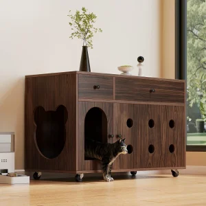 Dressoir op wielen – 100 x 45 x 66 cm – met uitneembare zandbak + geurisolatie – MDF – donkerbruin