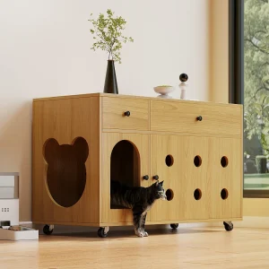 Dressoir op wielen – 100 x 45 x 66 cm – met uitneembare zandbak + geurisolatie – MDF – naturel