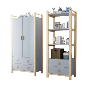 Gecombineerde kledingkastset – kledingkast + plank – met kledingroede + lades – MDF – blauw Gecombineerde kledingkastset – kledingkast + plank – met kledingroede + lades – MDF – blauw
