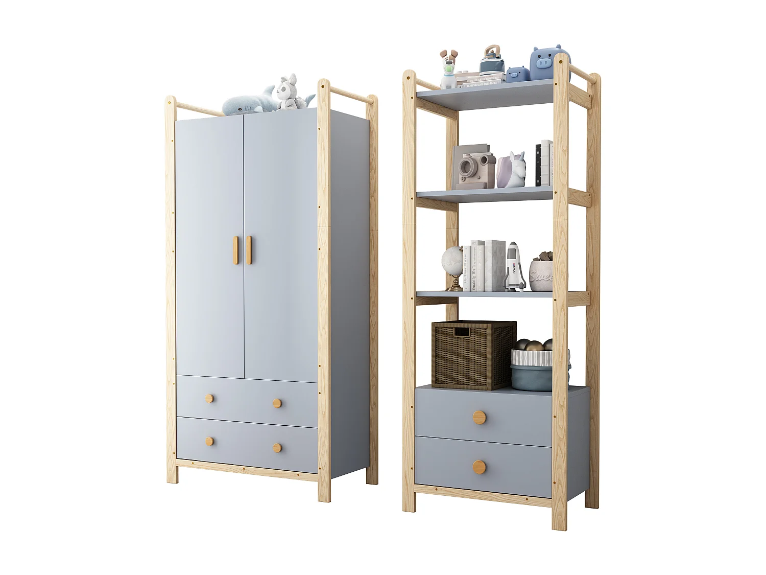 Gecombineerde kledingkastset - kledingkast + plank - met kledingroede + lades - MDF - blauw