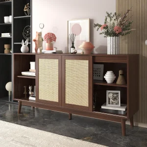 Dressoir met 3 deuren en 2 laden – rotan schuifdeur – houten opbergmeubel – donker hout (155x38x80 cm)