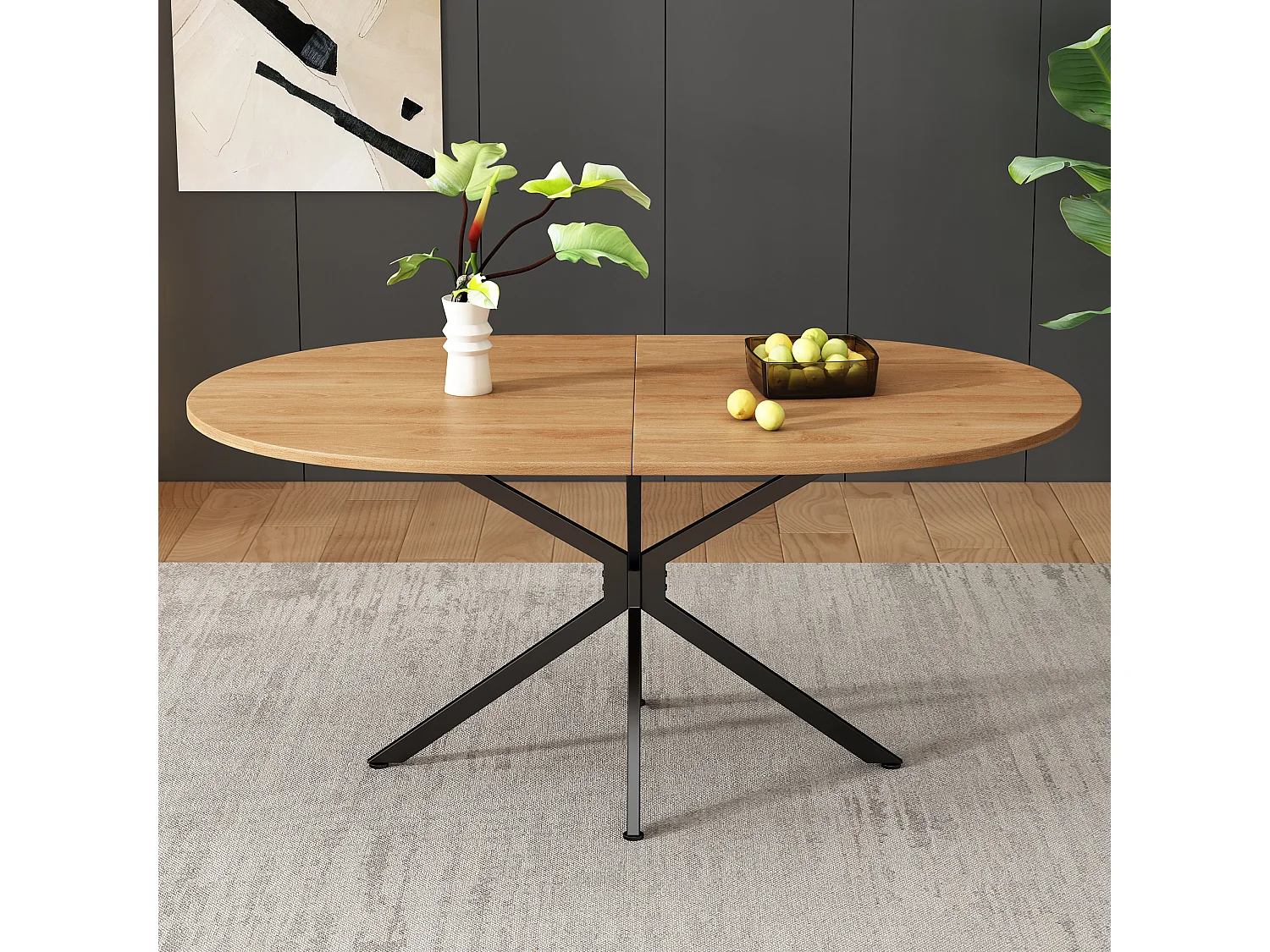 Eettafel voor 4-6 personen, 120x80 cm, gemaakt van MDF met gekruiste poten, houtnerfafwerking - Houtkleur
