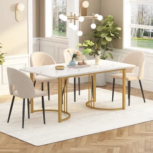Eettafel met wit marmerfineer voor 4-6 personen 140x80cm in MDF, poten van goudkleurig metaal