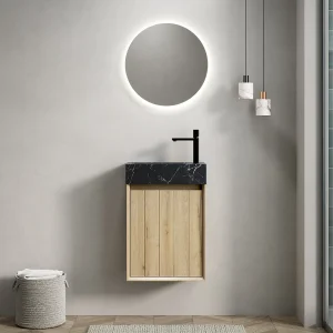 Geïntegreerde wandwastafel in zwart marmer, modern design, met wit eikenhouten onderkast, 1 deur (40x22x58 cm) Geïntegreerde wandwastafel in zwart marmer, modern design, met wit eikenhouten onderkast, 1 deur (40x22x58 cm)