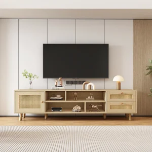 Eikenhouten rotan tv-meubel met kabelmanagement, 2 lades en 1 deur, spaanplaat (160x39x40,5cm) Eikenhouten rotan tv-meubel met kabelmanagement, 2 lades en 1 deur, spaanplaat (160x39x40,5cm)