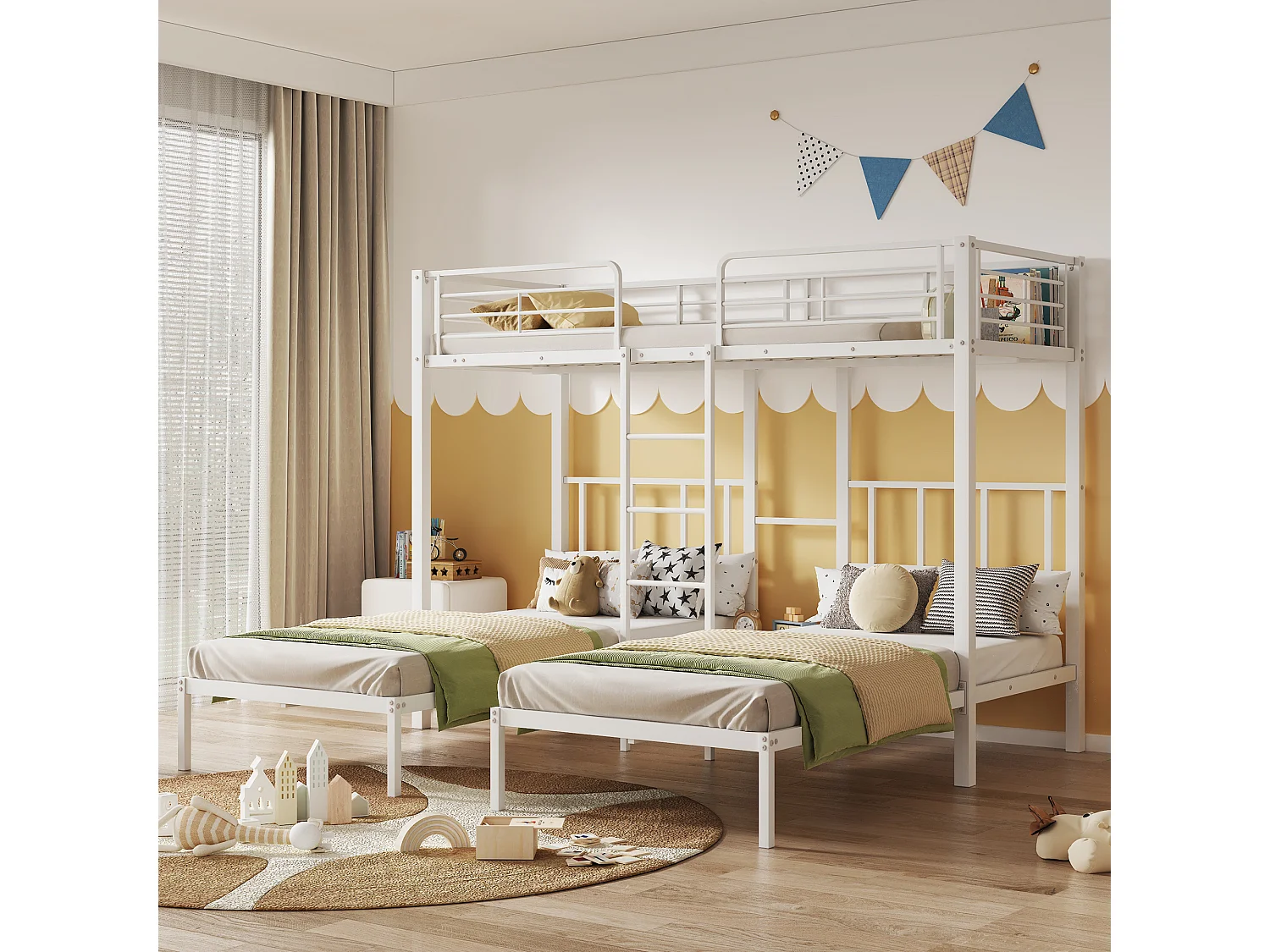Driepersoons stapelbed met ladder, metalen frame, wit, veiligheidsleuning en geïntegreerde tafel (227x205,5x170cm)