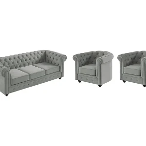 Driezitsbank en 2 fauteuils CHESTERFIELD – fluweel – grijs Driezitsbank en 2 fauteuils CHESTERFIELD – fluweel – grijs