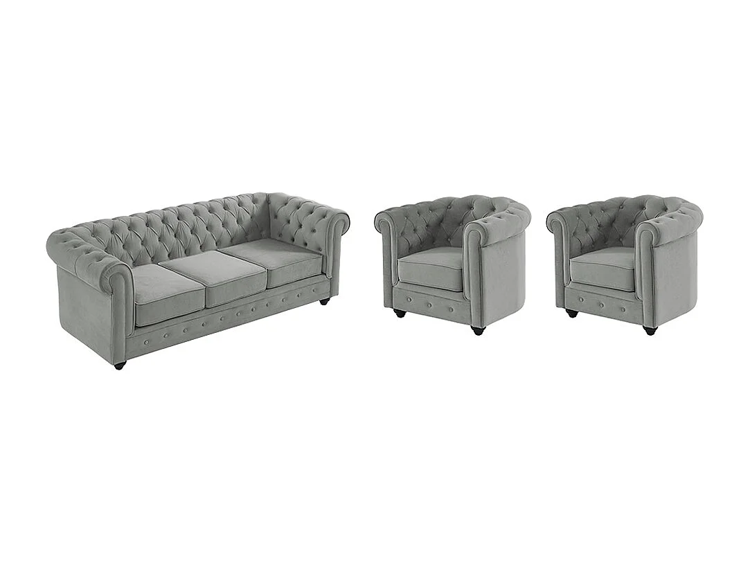 Driezitsbank en 2 fauteuils CHESTERFIELD - fluweel - grijs