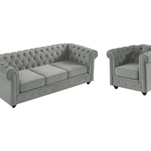 Driezitsbank en fauteuil CHESTERFIELD – fluweel – grijs Driezitsbank en fauteuil CHESTERFIELD – fluweel – grijs