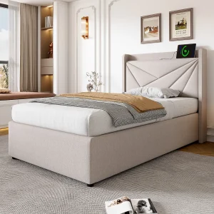 Eenpersoons opbergbed 90×200 cm – LED hoofdbord en USB-C opladen – Linnen beige (zonder matras) Eenpersoons opbergbed 90×200 cm – LED hoofdbord en USB-C opladen – Linnen beige (zonder matras)