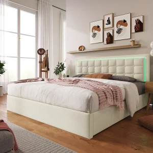 Functioneel dubbel opbergbed 160×200 cm – Geïntegreerde LED-verlichting – Wit kunstleer, gemakkelijk te onderhouden (zonder matras) Functioneel dubbel opbergbed 160×200 cm – Geïntegreerde LED-verlichting – Wit kunstleer, gemakkelijk te onderhouden (zonder matras)