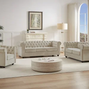 Drie- en tweezitsbank en fauteuil van beige velours CHESTERFIELD