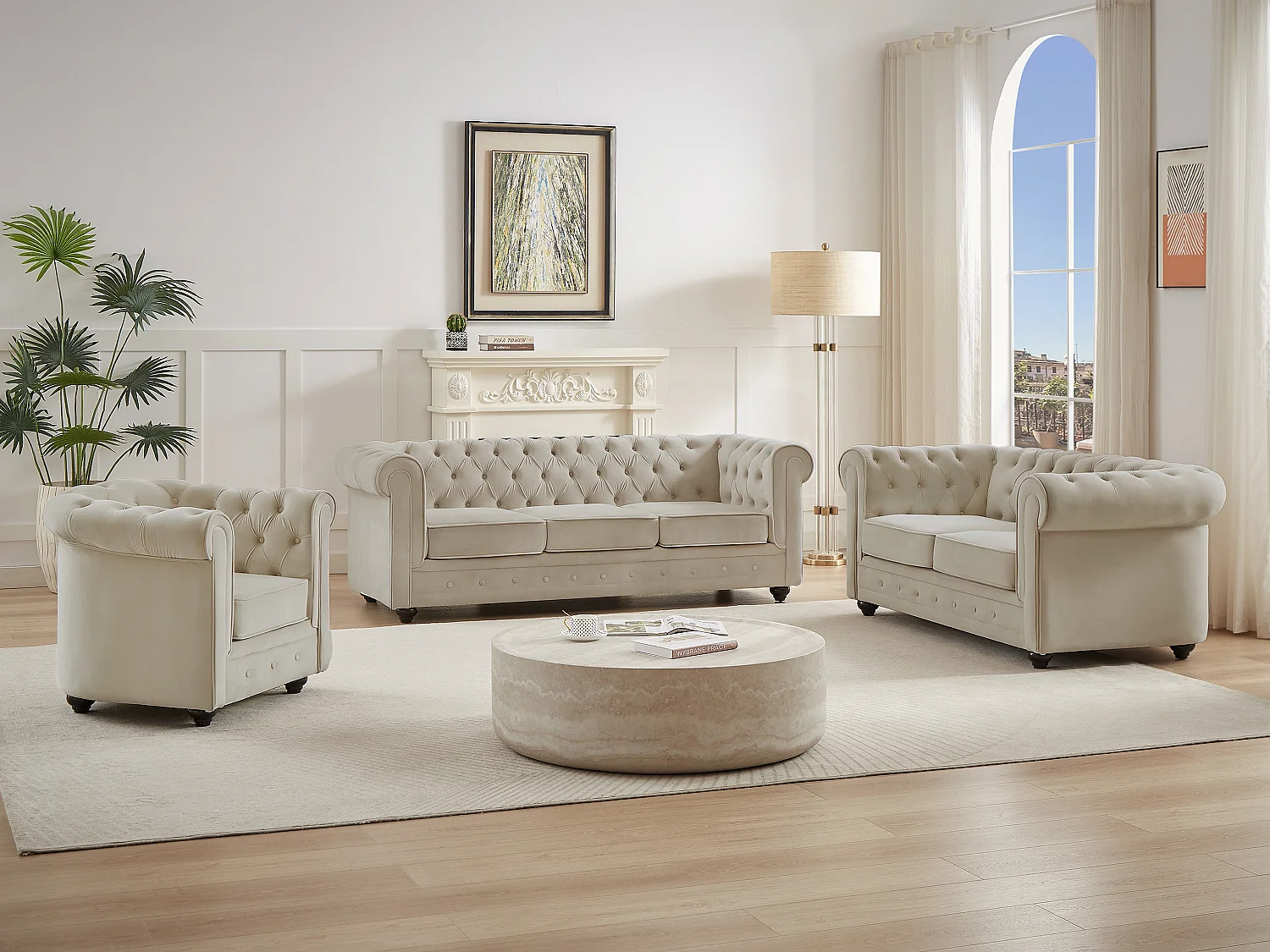 Drie- en tweezitsbank en fauteuil van beige velours CHESTERFIELD