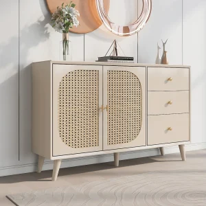 Dressoir met 2 deuren en 2 lades – Dressoir met gevlochten harsdeuren – hout – voor woonkamer en eetkamer Dressoir met 2 deuren en 2 lades – Dressoir met gevlochten harsdeuren – hout – voor woonkamer en eetkamer