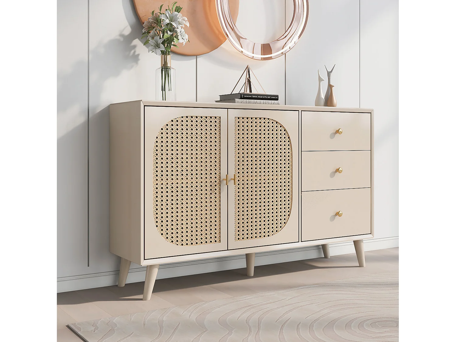 Dressoir met 2 deuren en 2 lades - Dressoir met gevlochten harsdeuren - hout - voor woonkamer en eetkamer