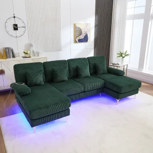 Fluwelen hoekbank – Hoekbank met LED-verlichting en 4 kussens – USB-aansluiting en armleuningen – groen Fluwelen hoekbank – Hoekbank met LED-verlichting en 4 kussens – USB-aansluiting en armleuningen – groen