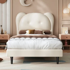 Eenpersoonsbed voor kinderen 90 x 200 cm, hoofdeinde in de vorm van een schattig dier, PU, beige Eenpersoonsbed voor kinderen 90 x 200 cm, hoofdeinde in de vorm van een schattig dier, PU, beige
