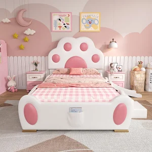 Eenpersoonsbed voor kinderen 90 x 200 cm, hoofdeinde in de vorm van een cartoonkattenpoot, uitgerust met een glijbaan en een ladder, wit + roze. Eenpersoonsbed voor kinderen 90 x 200 cm, hoofdeinde in de vorm van een cartoonkattenpoot, uitgerust met een glijbaan en een ladder, wit + roze.