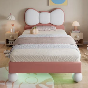 Eenpersoonsbed voor kinderen 90 x 200 cm, hoofdeinde in de vorm van een vlinder, ledstrip onder het bed met instelbare kleur, fluweel, beige + roze Eenpersoonsbed voor kinderen 90 x 200 cm, hoofdeinde in de vorm van een vlinder, ledstrip onder het bed met instelbare kleur, fluweel, beige + roze