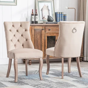Eetkamerstoelen, set van 2, hoge rugleuning beige fluweel, decoratieve spijkers, massief hout (97x51x47 cm) Eetkamerstoelen, set van 2, hoge rugleuning beige fluweel, decoratieve spijkers, massief hout (97x51x47 cm)