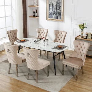 Eetkamerstoelen, set van 6, met decoratieve bel en spijkers, metalen poten, beige fluweel (53×62,5×94,5 cm) Eetkamerstoelen, set van 6, met decoratieve bel en spijkers, metalen poten, beige fluweel (53×62,5×94,5 cm)