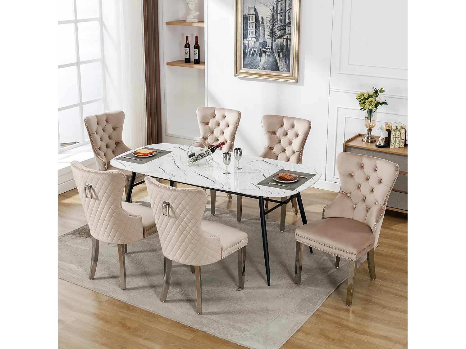 Eetkamerstoelen, set van 6, met decoratieve bel en spijkers, metalen poten, beige fluweel (53x62,5x94,5 cm)