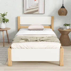 Eenpersoonsbed van hout, frame van grenenhout met centrale poot, hoofdeinde en voeteneinde van MDF, wit en naturel, 90×200 cm (207x97x82,5 cm) Eenpersoonsbed van hout, frame van grenenhout met centrale poot, hoofdeinde en voeteneinde van MDF, wit en naturel, 90×200 cm (207x97x82,5 cm)